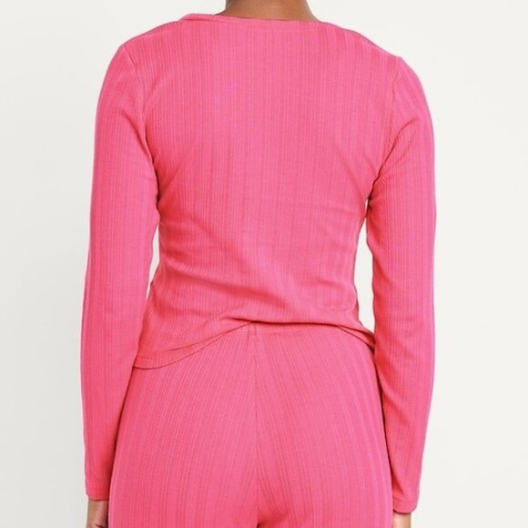 Old Navy Pointelle Knit Pajama Top V-Neck Long Sleeve Hot Pink Size Large NEW - Picture 2 of 6